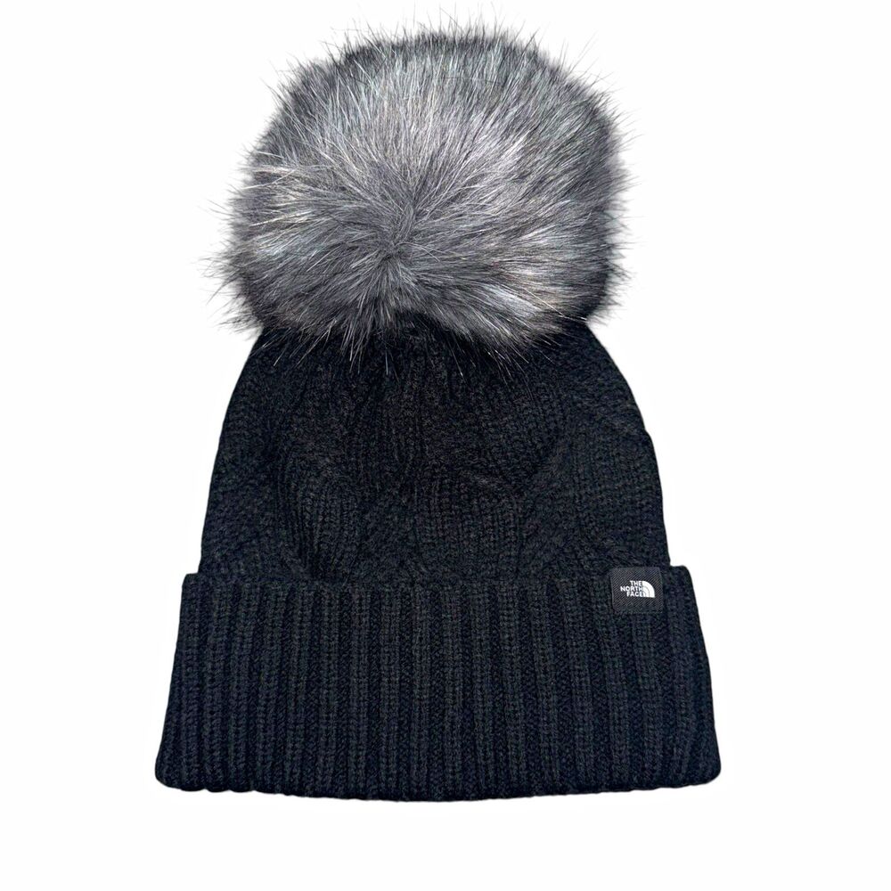 The North Face Women’s Knit Beanie Hat Black/Gray Faux Fur Pom One Size